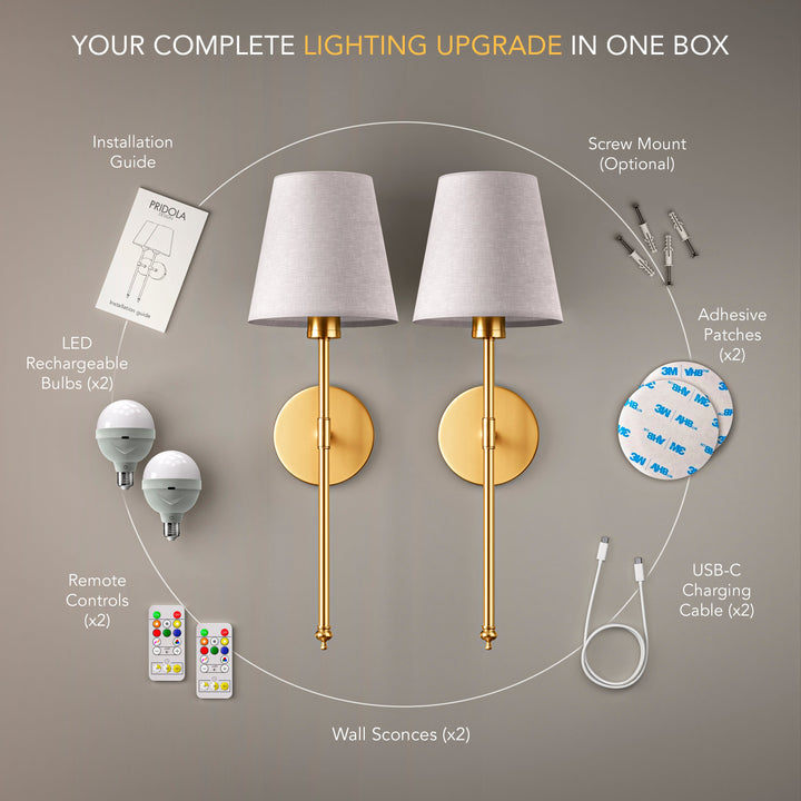WIRELESS WALL SCONCE (SET OF 2 + 2 BULBS INCLUDED)